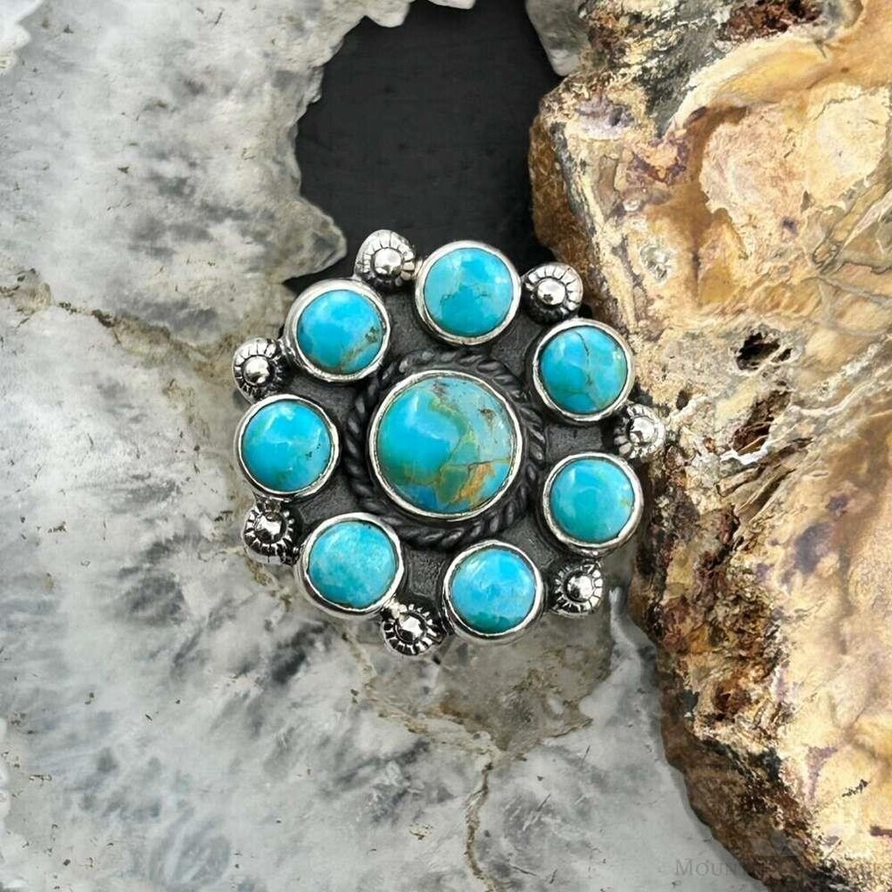 Sterling Southwestern Style Mohave Turquoise Cluster Ring Size 8 For Women
